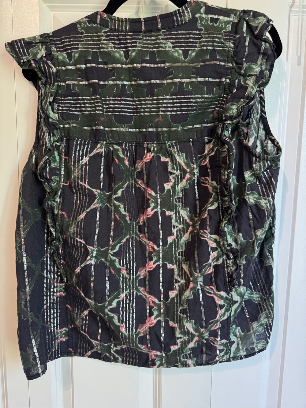 Pilcro Anthropologie Silver Metallic Sleeveless Blouse with Green & Pink Pattern - Picture 3 of 8